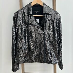 Colleen Lopez Black Sequin Moto Biker Jacket Size XXS Party Blazer Sparkly